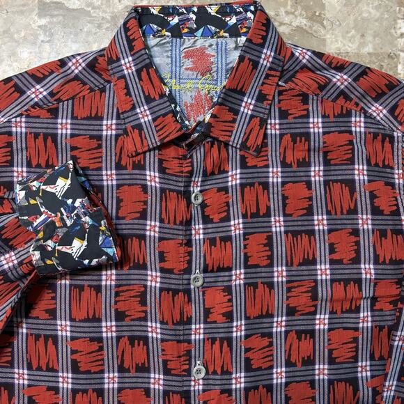 Robert Graham Shirt Mens Large Classic Fit Red Abstract Plaid Long Sleeve Flip - Picture 1 of 9